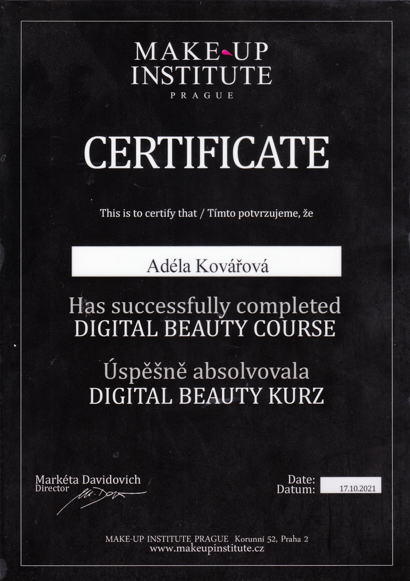 Certifikát - Digital beauty kurz