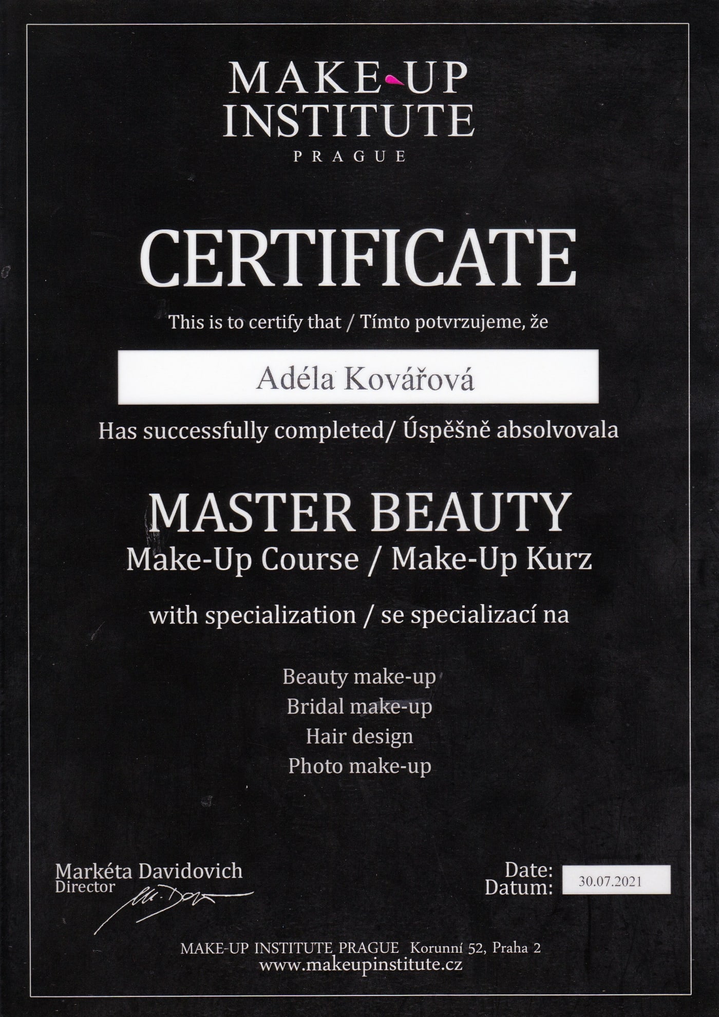 Certifikát - Master beauty kurz